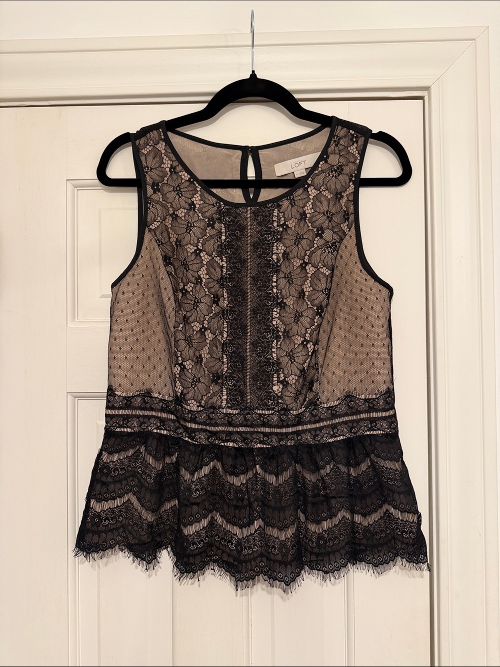 LOFT Black Lace Overlay Peplum Camisole with Nude Underlayer